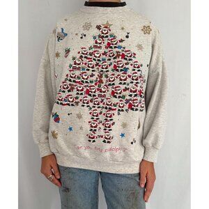 90s vintage grey christmas tree santa holiday graphic collared pullover sweater